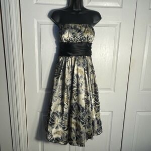 Vintage Intrigue Strapless Y2K Cocktail Dress Women 8 Beige Blue Tulle Lining